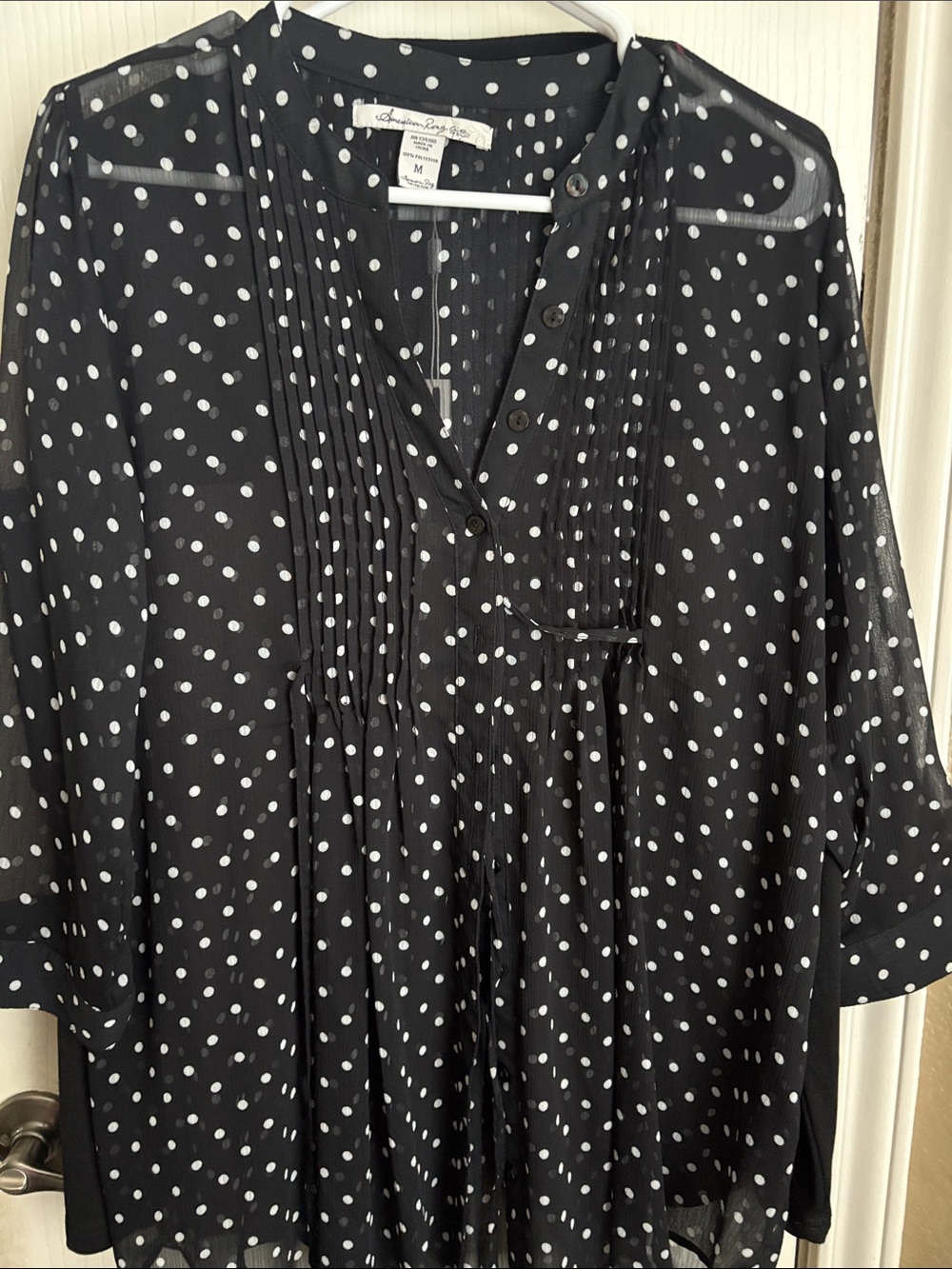 American Rag Black Blouse with White Polka Dots